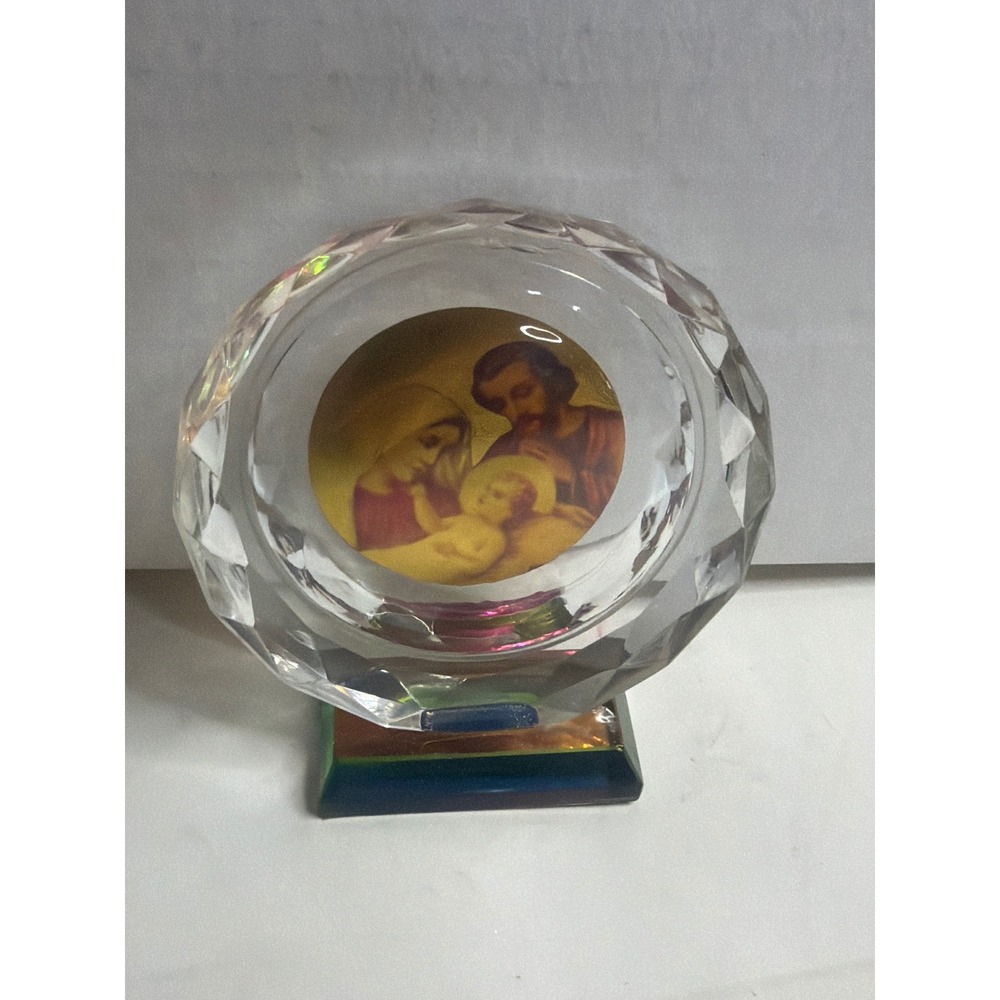 Holy Family Faceted Glass Paperweight Religious Statue Mary Joseph Jesus Decor